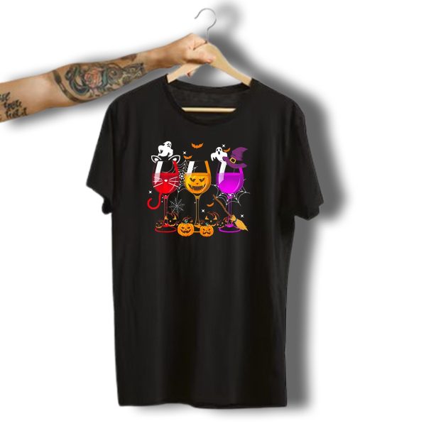 Halloween Ghost Cat Witch Pumpkin Three Glasses Of Wine T Shirt t shirt 1 1