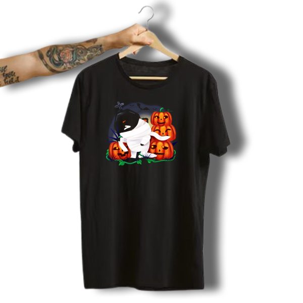 Halloween Ghost Cat With Pumpkins And Bats T Shirt t shirt 1 1