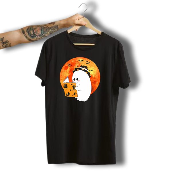 Halloween Ghost Reading Boo Books With Orange Moon And Bats T Shirt t shirt 1