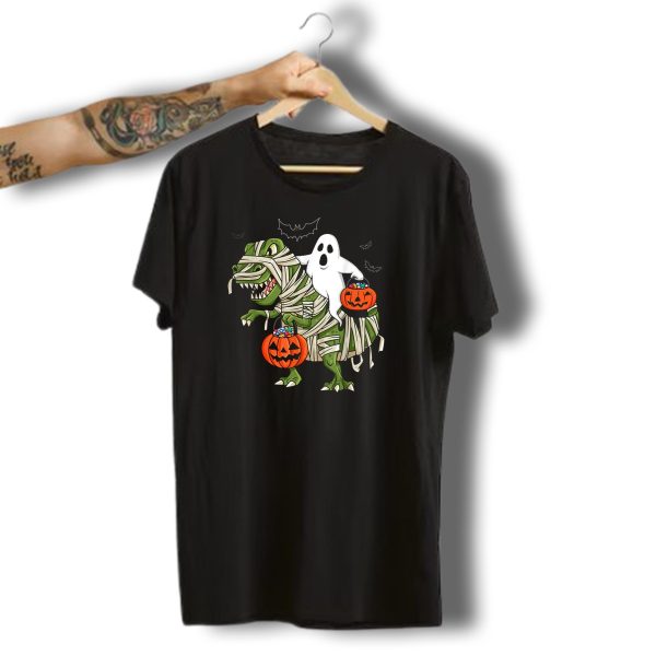 Halloween Ghost Riding Mummy Dinosaur With Pumpkins And Bats T Shirt t shirt 1