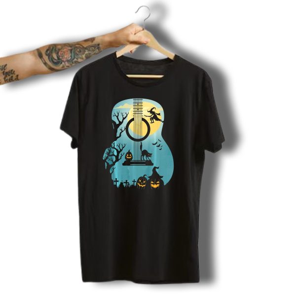 Halloween Guitar Witch Cat Pumpkins And Bat Scene T Shirt t shirt 1 1