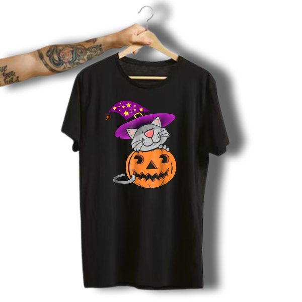 Halloween Kitty Cat In Witch Hat With Pumpkin And Spider T Shirt t shirt 1 1