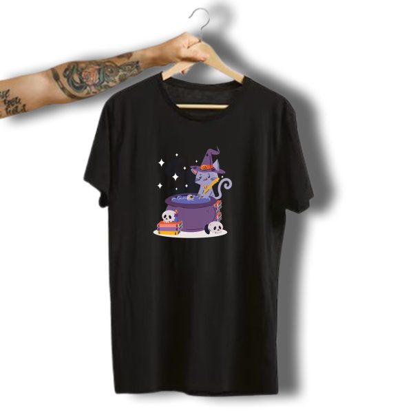Halloween Kitty Witch Stirring Cauldron With Skulls And Books T Shirt 1 t shirt 1