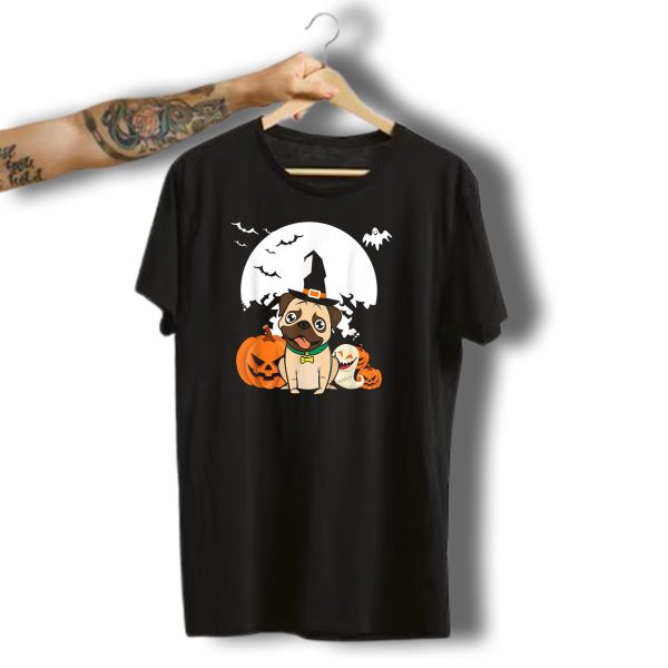 Halloween Little Witch Pug With Pumpkins And Ghosts T Shirt t shirt 1