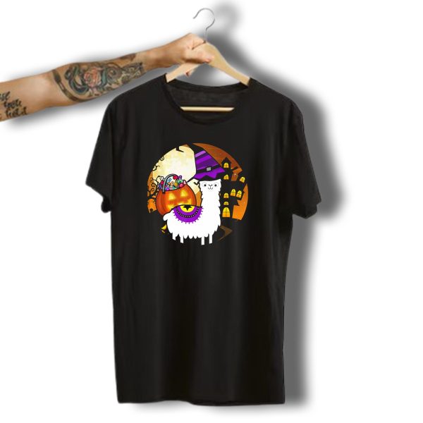 Halloween Llama Funny Alpaca With Witch Hat And Pumpkin House T Shirt t shirt 1