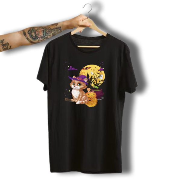 Halloween Meow Cat Witch Broom Pumpkin Bat Ghost Cauldron T Shirt t shirt 1 1