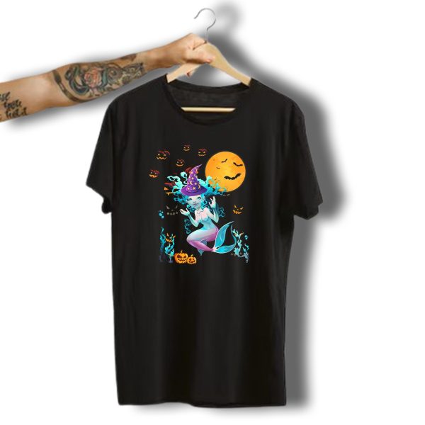 Halloween Mermaid Witch With Pumpkin Lanterns And Moon T Shirt t shirt 1