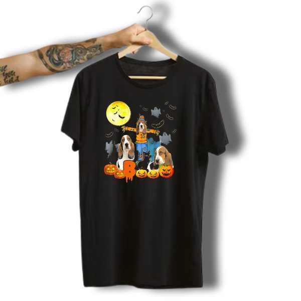 Halloween Moon Basset Hound Dog Pumpkin Ghosts Scarecrow T Shirt t shirt 1
