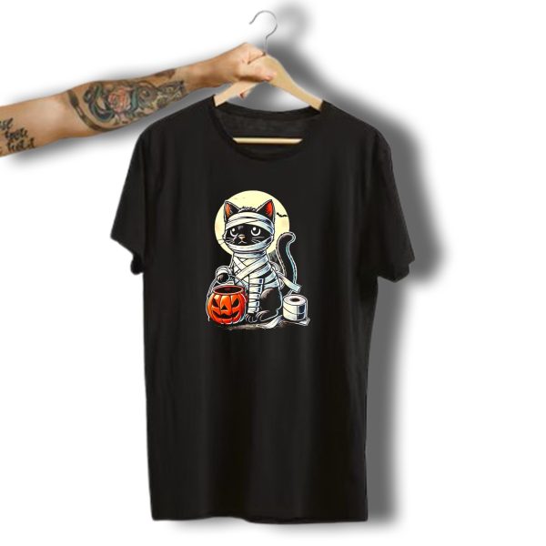 Halloween Mummy Cat With Pumpkin And Bats In Moonlight T Shirt t shirt 1 1