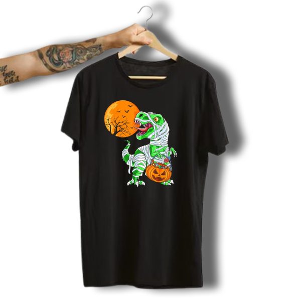 Halloween Mummy T Rex With Pumpkin Candy Under Full Moon T Shirt t shirt 1