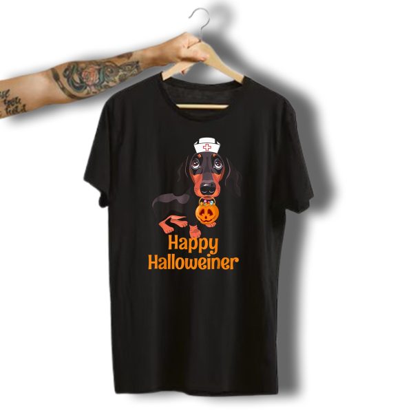 Halloween Nurse Dachshund With Pumpkin Treat Costume Women Happy Halloweiner T Shirt t shirt 1