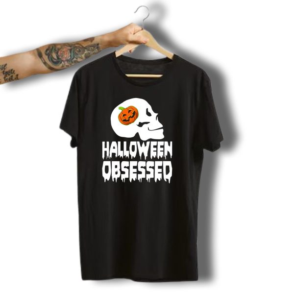 Halloween Obsessed Skull With Pumpkin Head T Shirt t shirt 1