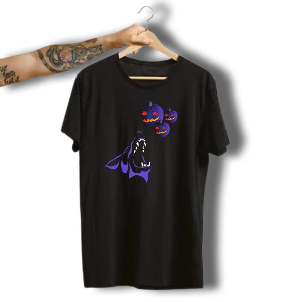 Halloween October Wolf Howling With Purple Pumpkins T Shirt t shirt 1
