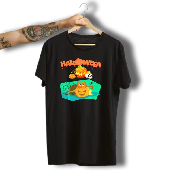 Halloween Orange Cat Kitty Kitten Hiding With Pumpkins And Spiderweb T Shirt t shirt 1 1