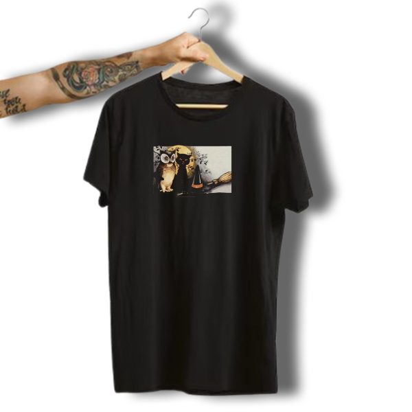 Halloween Owl Cat Witch Hat Broom Moon Scene T Shirt t shirt 1