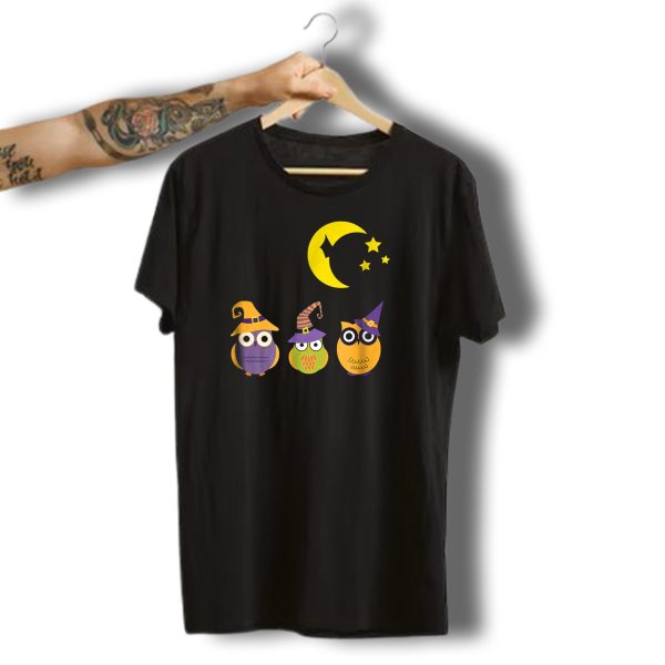 Halloween Owl Moon Bat Stars Witches Hat Trio T Shirt 1 t shirt 1