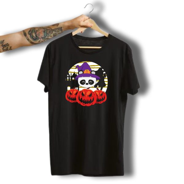 Halloween Panda Witch With Pumpkins And Haunted House T Shirt t shirt 1