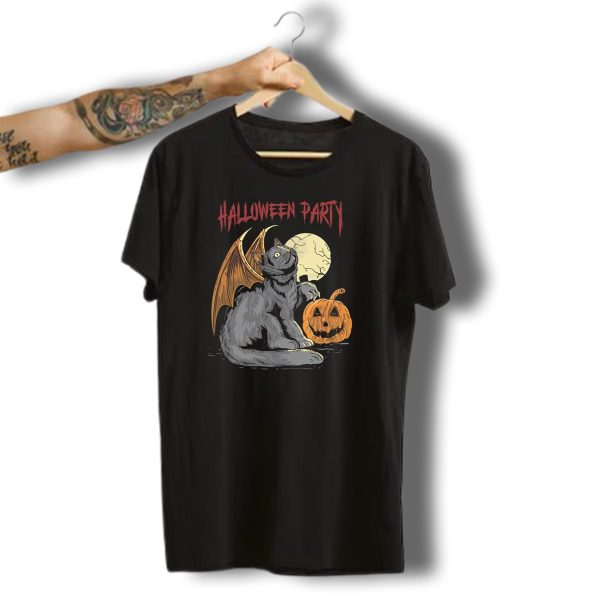 Halloween Party Black Cat With Bat Wings And Pumpkin Under Full Moon T Shirt t shirt 1 1