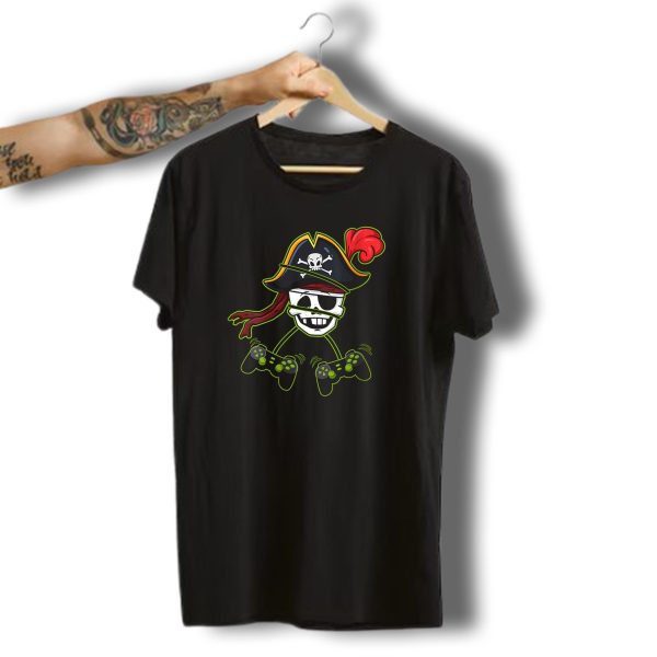 Halloween Pirate Skeleton Gamer With Controller Hat And Crossbones T Shirt 1 t shirt 1