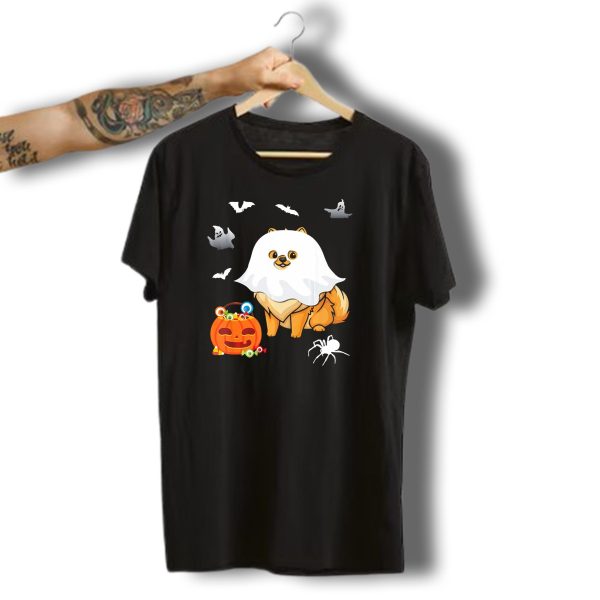 Halloween Pomeranian Ghost Outfit With Pumpkin Bat Spider And Candy T Shirt t shirt 1