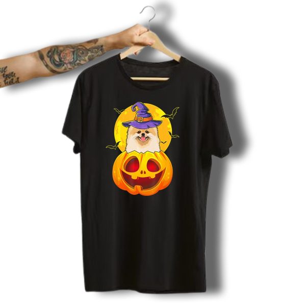 Halloween Pomeranian In Witch Hat And Jack O Lantern Moon With Bats T Shirt 1 t shirt 1
