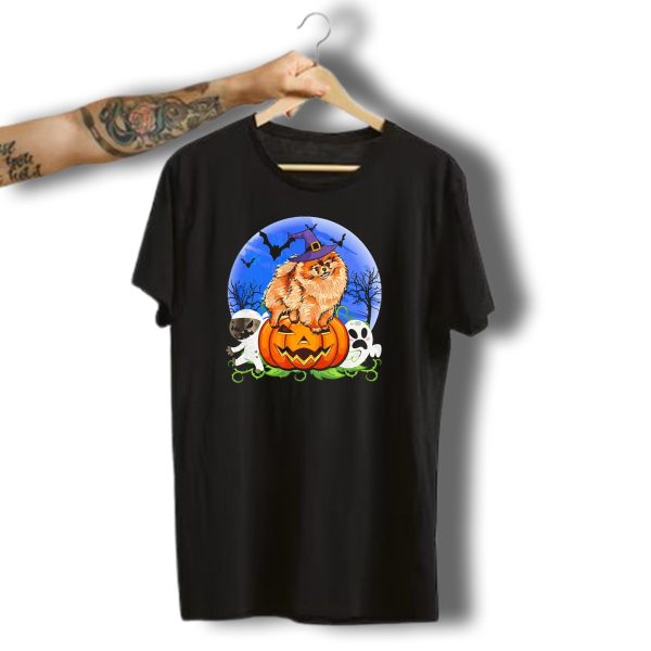 Halloween Pomeranian Witch On Pumpkin With Ghosts And Mummy T Shirt t shirt 1