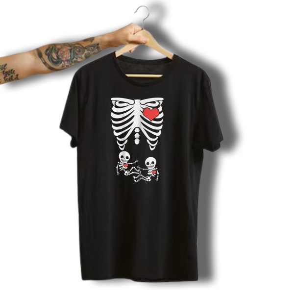 Halloween Pregnant Twin Baby Skeleton Xray With Heart T Shirt 1 t shirt 1