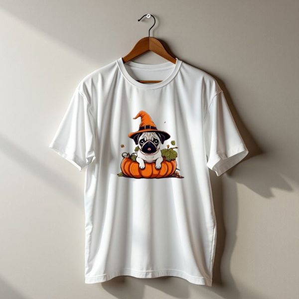 Halloween Pug In Orange Witch Hat With Pumpkin t shirt 1