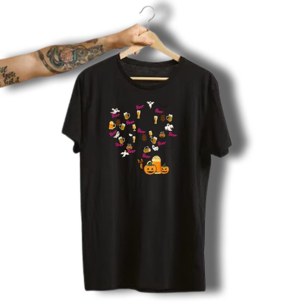 Halloween Pumpkin Beer Tree With Ghosts And Bats Elements T Shirt t shirt 1