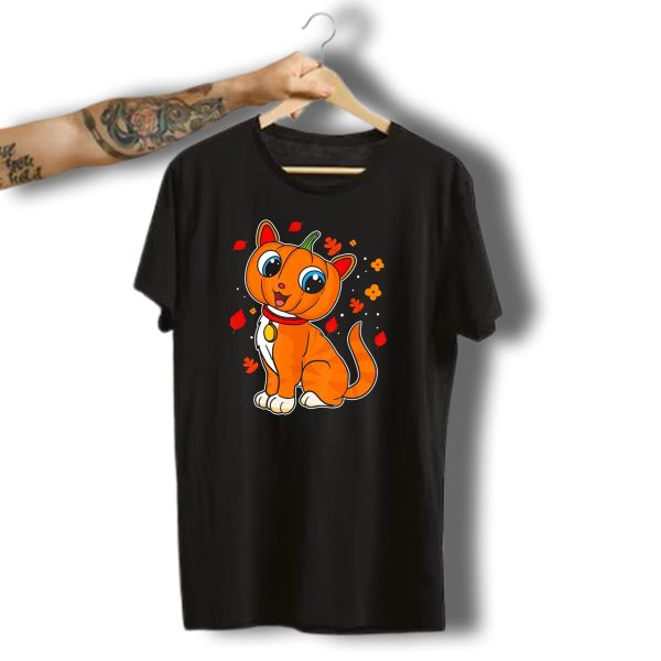 Halloween Pumpkin Cat With Autumn Leaves And Flowers T Shirt t shirt 1