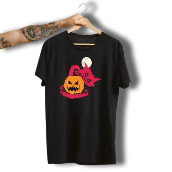 Halloween Pumpkin Cat With Moon And Mischievous Grin T Shirt t shirt 1