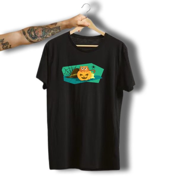 Halloween Pumpkin Cat With Spider And Web Elements T Shirt t shirt 1 1