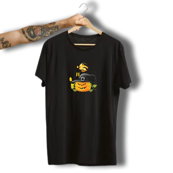 Halloween Pumpkin In Witch Hat With Spooky House And Moon T Shirt t shirt 1
