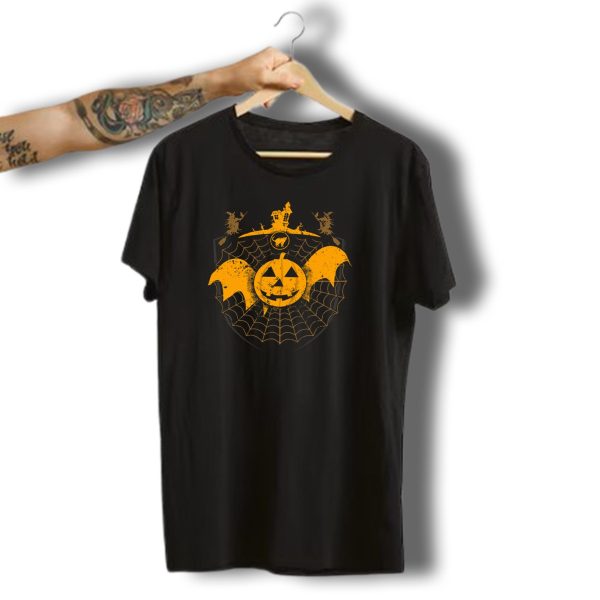 Halloween Pumpkin Witch With Haunted House And Bat Wings T Shirt t shirt 1