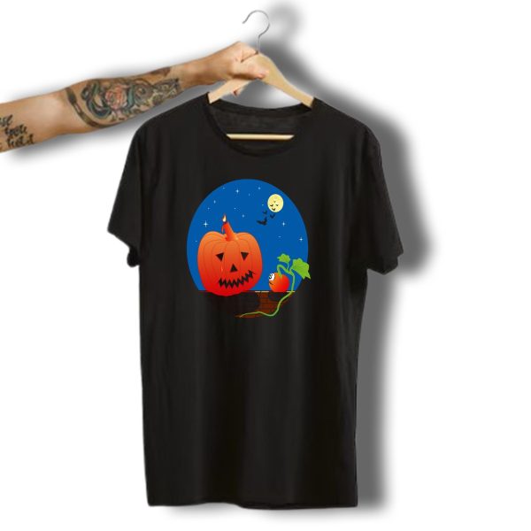 Halloween Pumpkin With Little Sad Pumpkin Under Moonlit Night Sky T Shirt t shirt 1