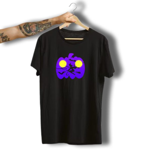 Halloween Pumpkins Purple Witch Bats Flying Broomstick Yellow Moon T Shirt t shirt 1