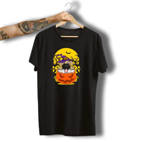 Halloween Puppy In Pumpkin With Witch Hat And Bat Moon T Shirt t shirt 1