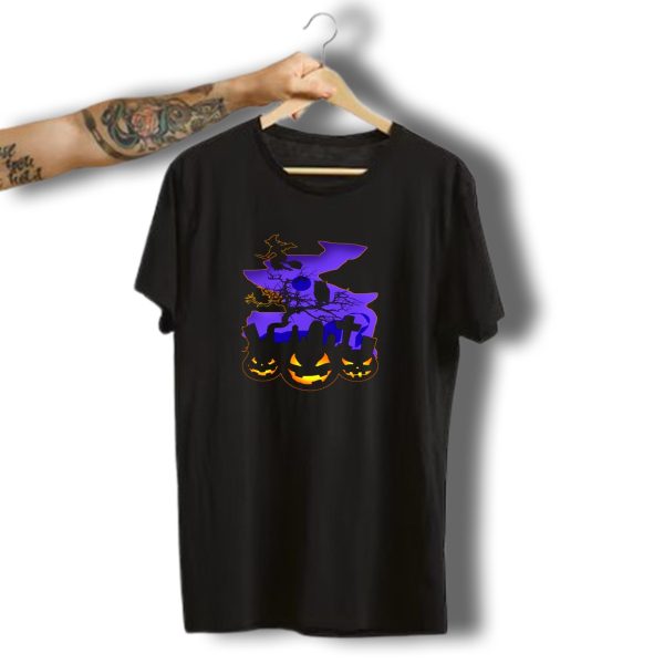 Halloween Purple Witch Flight Over Pumpkin Graveyard T Shirt t shirt 1