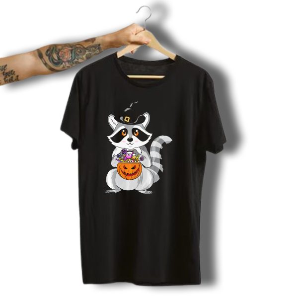 Halloween Raccoon Witch Hat Pumpkin Candy T Shirt t shirt 1