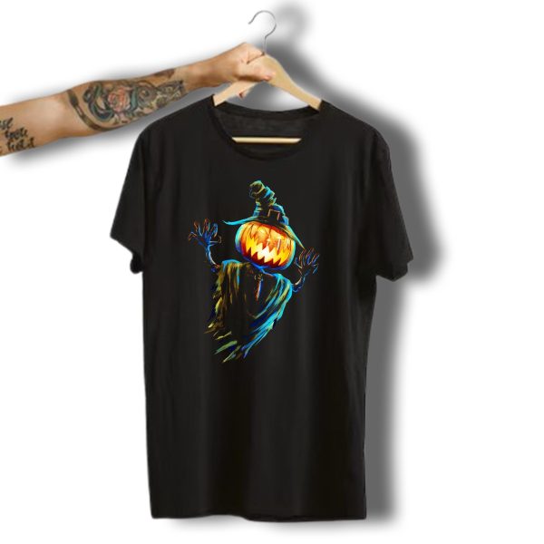 Halloween Scarecrow Pumpkin Head Glowing Jack O Lantern Wizard Hat T Shirt t shirt 1