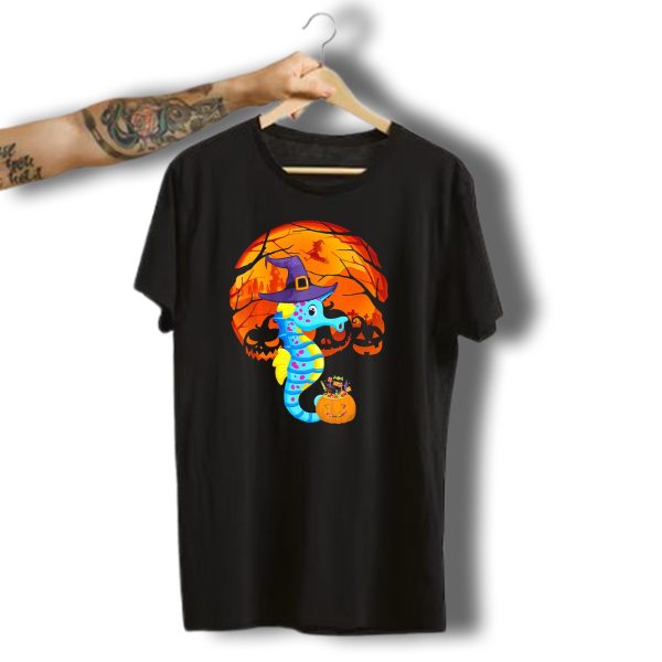 Halloween Seahorse Witch With Candy And Pumpkin In Front Of Full Moon T Shirt 1 t shirt 1
