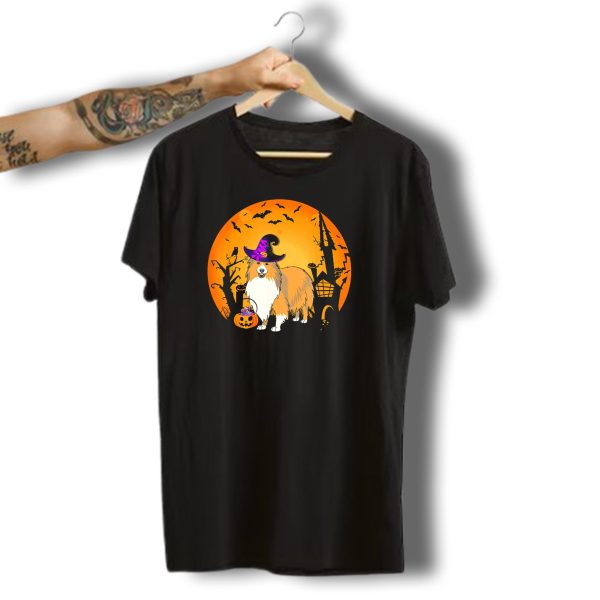 Halloween Sheltie Witch Hat Pumpkin Castle Shadows T Shirt t shirt 1