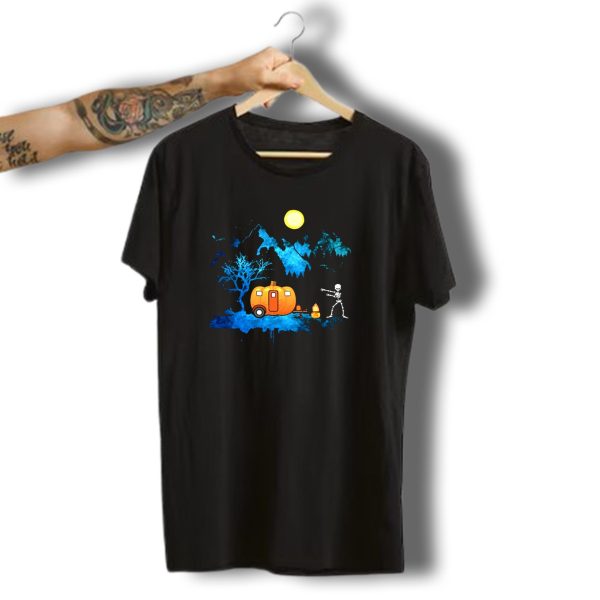Halloween Skeleton Camping With Pumpkin Camper Under Full Moon T Shirt t shirt 1