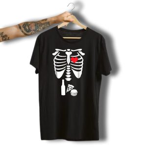 Halloween Skeleton Heart Rib Cage X Ray Beer Pizza Hamburger T-Shirt