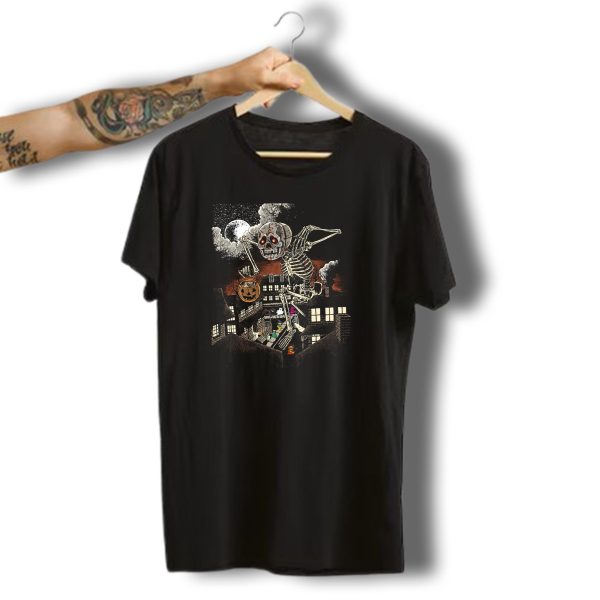 Halloween Skeleton Monster Under Full Moon With Pumpkin Over Houses T Shirt t shirt 1