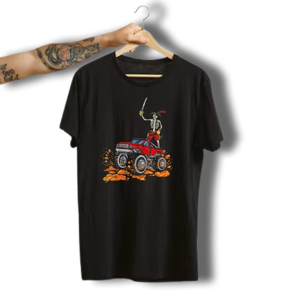 Halloween Skeleton Pirate Riding Monster Truck Over Pumpkins T Shirt t shirt 1