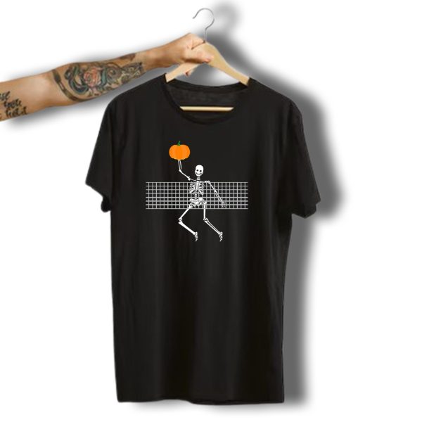 Halloween Skeleton Playing Volleyball With Pumpkin Jump T Shirt t shirt 1