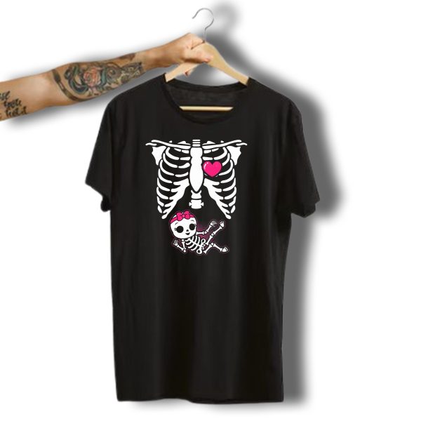 Halloween Skeleton Pregnancy Ribcage With Baby Girl And Heart T Shirt 1 t shirt 1