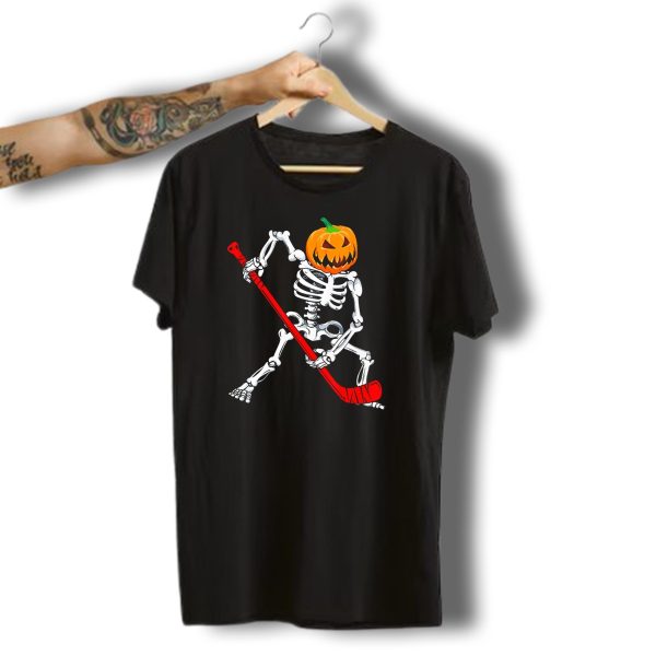 Halloween Skeleton With Pumpkin Head Playing Hockey T Shirt t shirt 1