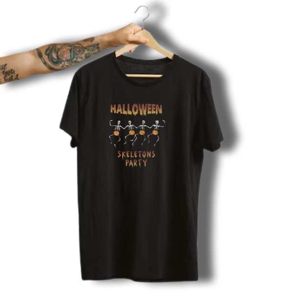 Halloween Skeletons Party Dancing Skeletons Wearing A Pumpkin T Shirt t shirt 1